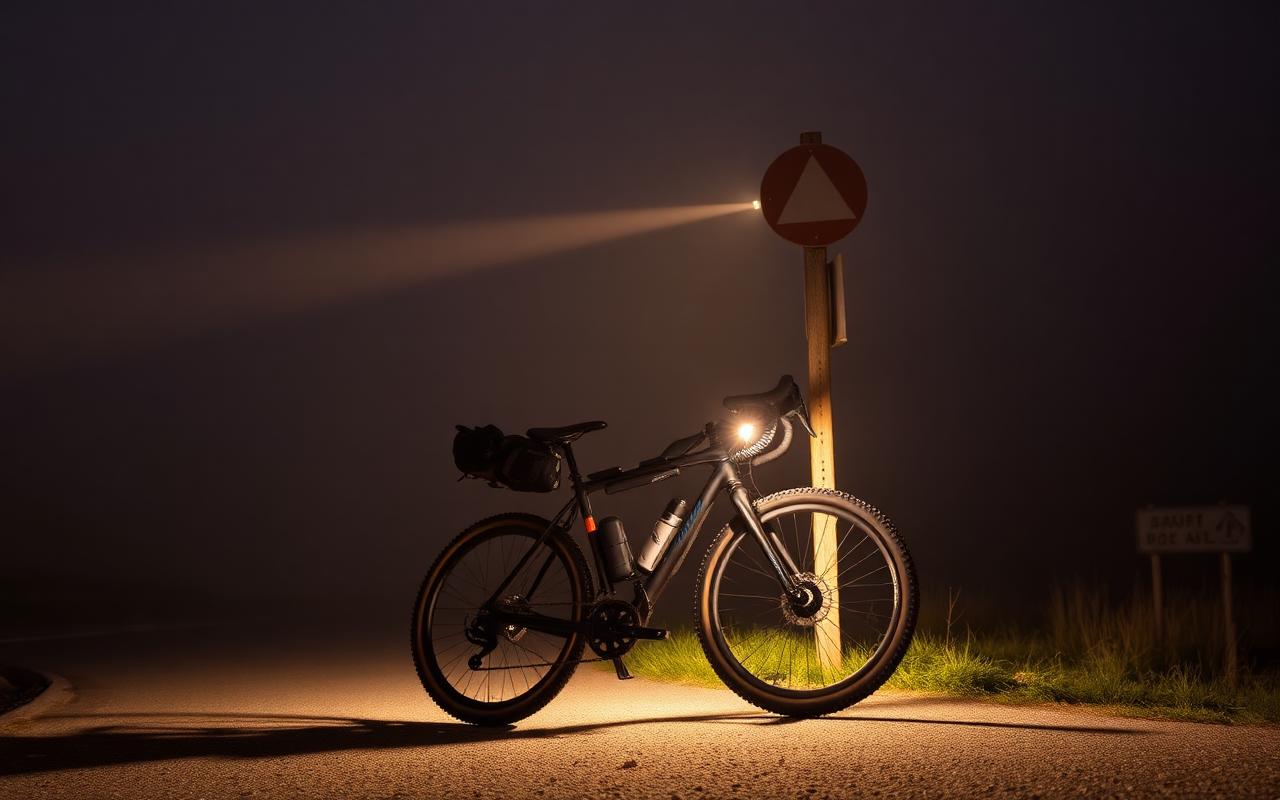 Loaded gravel bike under a road sign at night, headlight cutting fog